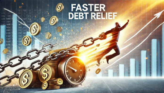 A person breaking free from heavy financial chains that were holding them back, symbolizing financial freedom and quick debt resolution. The background is bright and uplifting, emphasizing relief and success.