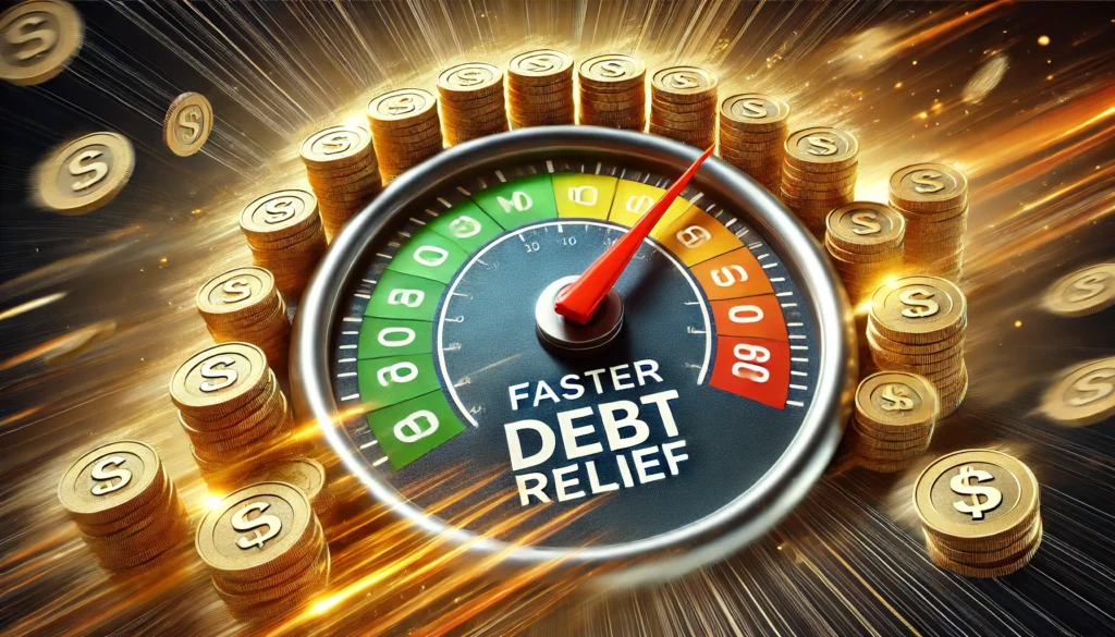 A speedometer with a needle pointing to maximum speed, made of golden coins, representing accelerated financial recovery. The background is dynamic and energetic, emphasizing rapid debt elimination.
