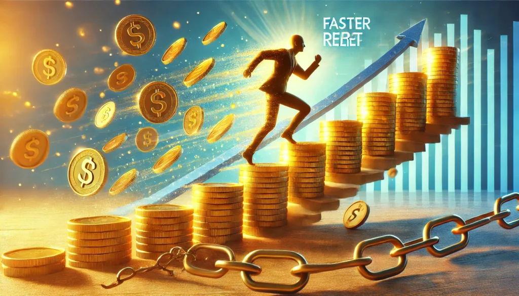 A person running up a staircase made of golden coins, leaving behind falling chains, symbolizing rapid financial recovery and freedom. The background is bright and motivational, emphasizing financial success and relief.