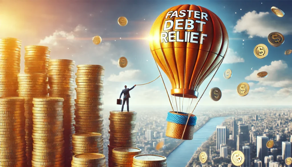A hot air balloon made of gold coins lifting a person high above financial burdens, symbolizing quick financial freedom and relief. The background is bright and open, emphasizing success and a stress-free future.