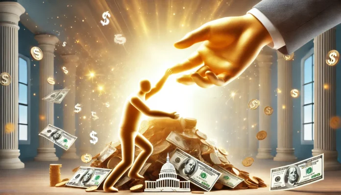 A helping hand made of golden light reaching out to lift a person from a pile of financial burdens, symbolizing government financial assistance. The background is bright and hopeful, emphasizing relief and support.