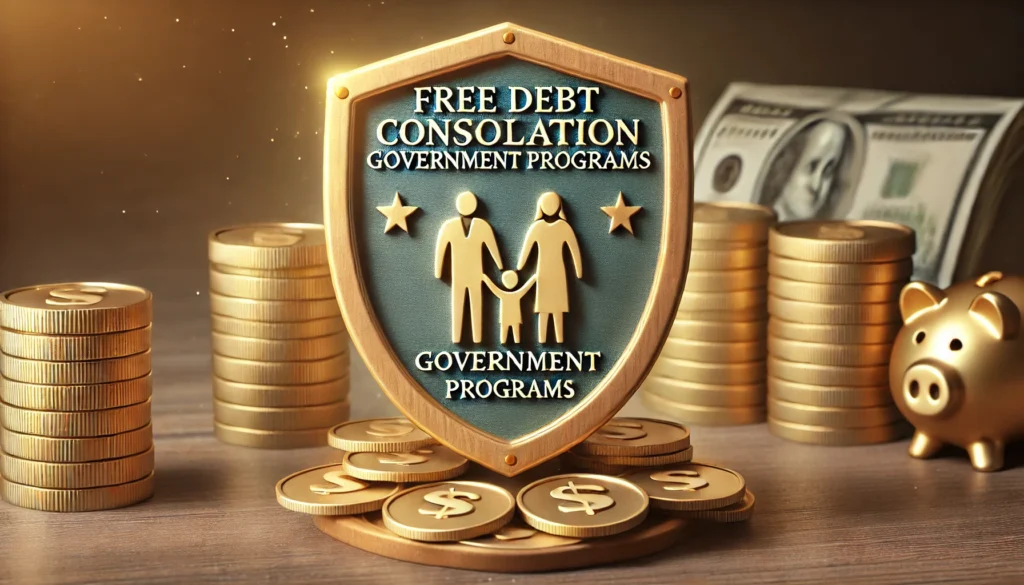 A protective shield made of golden coins surrounding a family, symbolizing financial security and government support. The background is calm and reassuring, emphasizing debt relief and stability.
