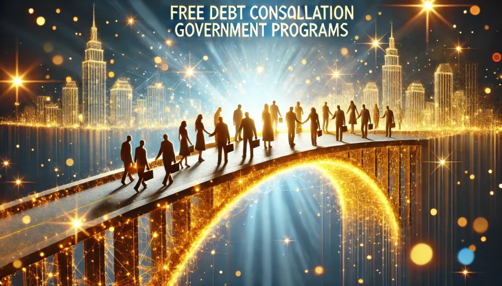 A bridge made of golden light connecting struggling individuals to a stable financial future, symbolizing government aid in debt relief. The background is bright and reassuring, emphasizing financial security and opportunity.