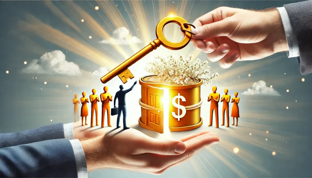 A person receiving a golden key from an outstretched government hand, unlocking a door to financial freedom and stability. The background is bright and welcoming, symbolizing financial assistance and debt relief.