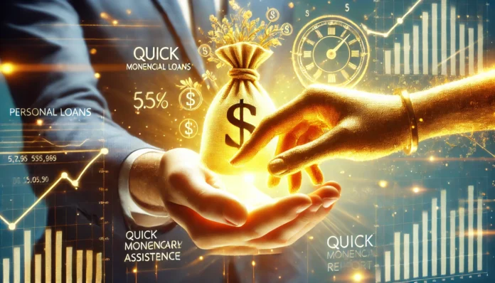 A person receiving a golden light-filled hand of financial assistance, symbolizing quick monetary support. The background is bright and hopeful, emphasizing financial stability and relief.