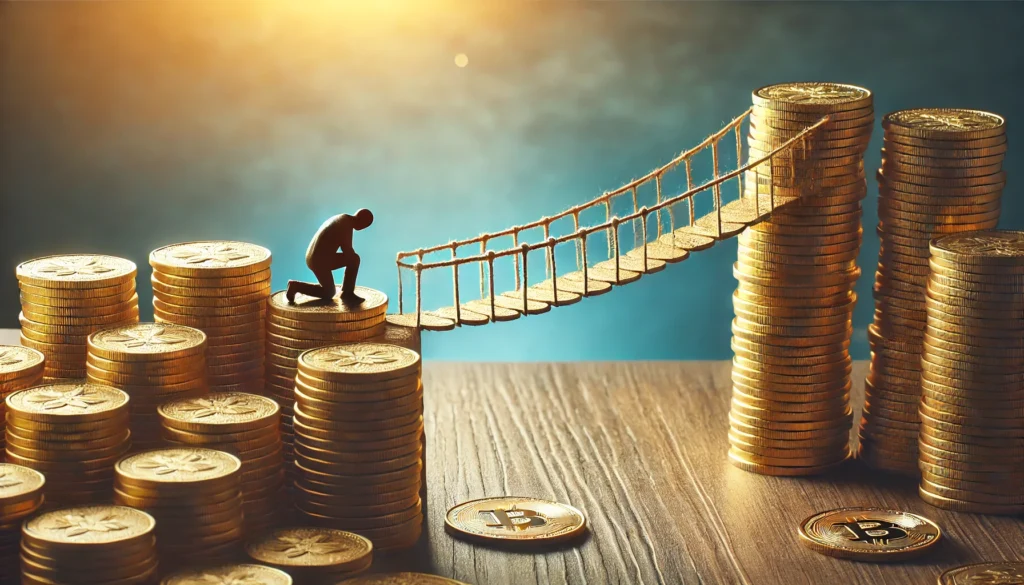 A bridge made of golden coins connecting a struggling individual to a bright financial future, symbolizing quick financial assistance. The background is calm and reassuring, emphasizing stability and hope.