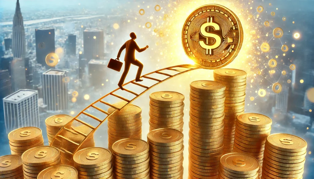 A person climbing a golden staircase made of coins, symbolizing financial upliftment and support. The background is bright and uplifting, emphasizing progress and stability.