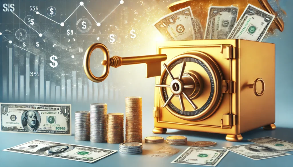 A golden key unlocking a vault filled with financial resources, symbolizing access to economic aid. The background is bright and positive, emphasizing opportunity and security.