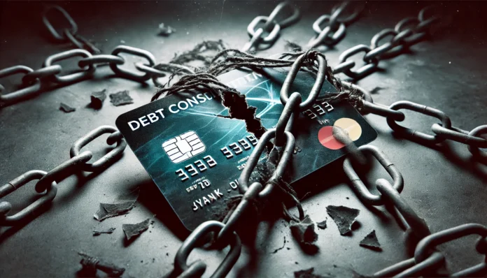 A cracked credit card with tangled chains around it, symbolizing financial struggles and restrictions. The background is dark and uncertain, emphasizing financial difficulty.