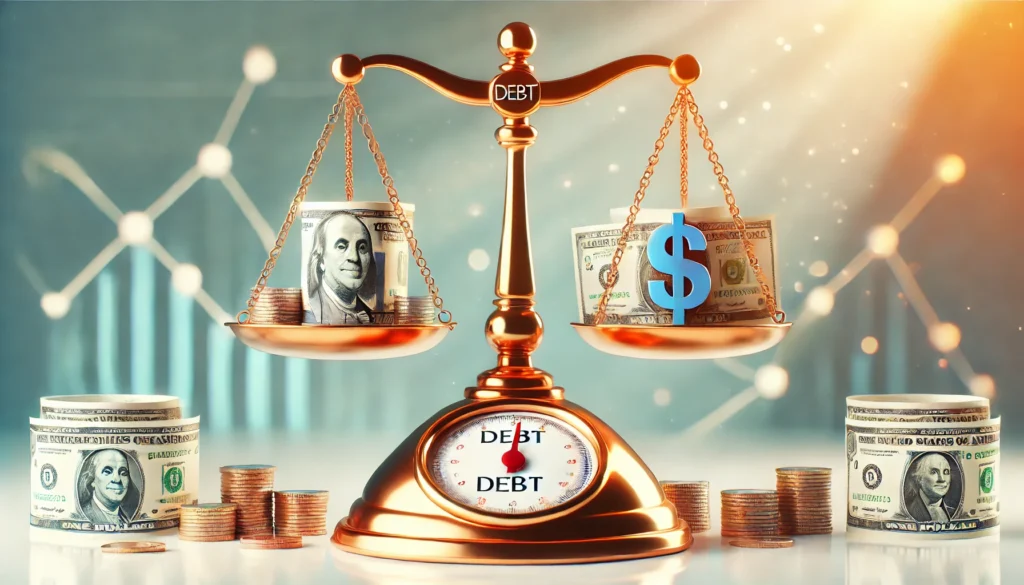 A balanced scale with debt on one side and money on the other, symbolizing financial agreement and fair resolution. The background is bright and reassuring, emphasizing stability and control.