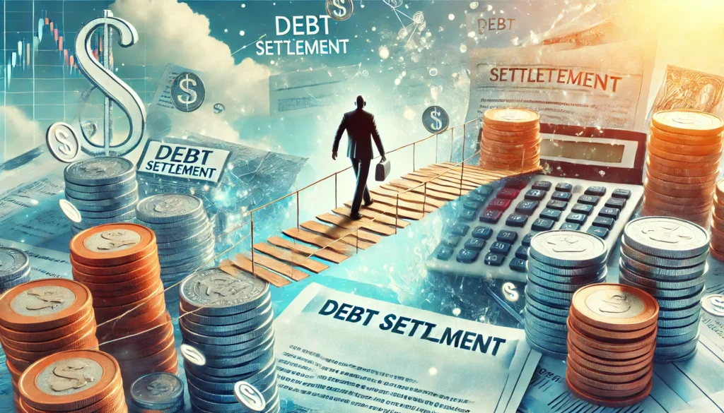 A person crossing a bridge made of financial documents and coins, symbolizing negotiation and financial relief. The background is bright and optimistic, emphasizing financial success and resolution.