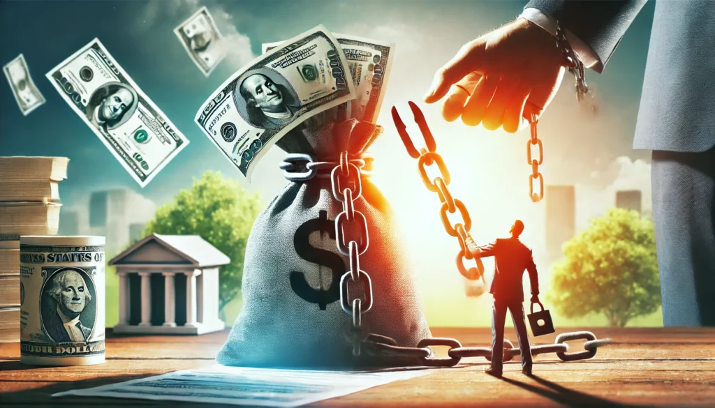 A person removing heavy chains from a bag of money, symbolizing financial relief and the burden of debt being lifted. The background is bright and peaceful, emphasizing freedom and resolution.