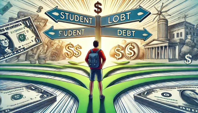 A student standing at a crossroads with multiple financial paths leading to different outcomes, symbolizing choices in debt management. The background is bright and hopeful, emphasizing decision-making and financial planning.