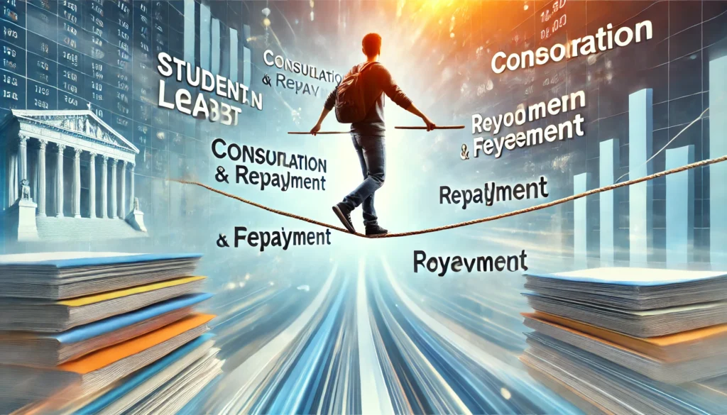A student balancing on a tightrope made of financial documents, with choices like consolidation, repayment, and forgiveness represented as pathways below. The background is bright and dynamic, emphasizing the importance of careful decision-making.