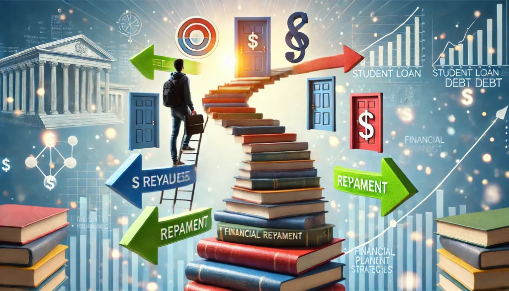 A student climbing a staircase made of books and financial symbols, leading to different doors representing various repayment strategies. The background is bright and inspiring, emphasizing financial planning and education.