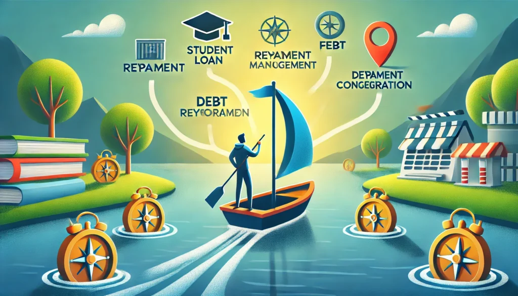 A student sailing a boat on a financial river with different paths leading toward debt-free destinations, symbolizing various repayment and consolidation choices. The background is bright and adventurous, emphasizing financial direction and opportunity.