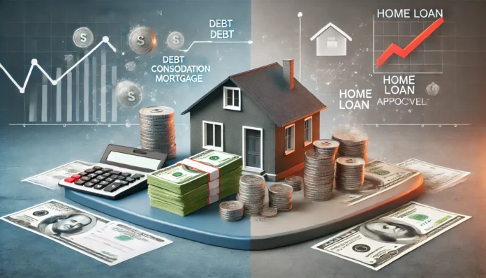 A house divided into two sections: one side showing a pile of debt being consolidated into a single payment, and the other side showing a home loan approval process. The background is balanced and professional, symbolizing financial decision-making.