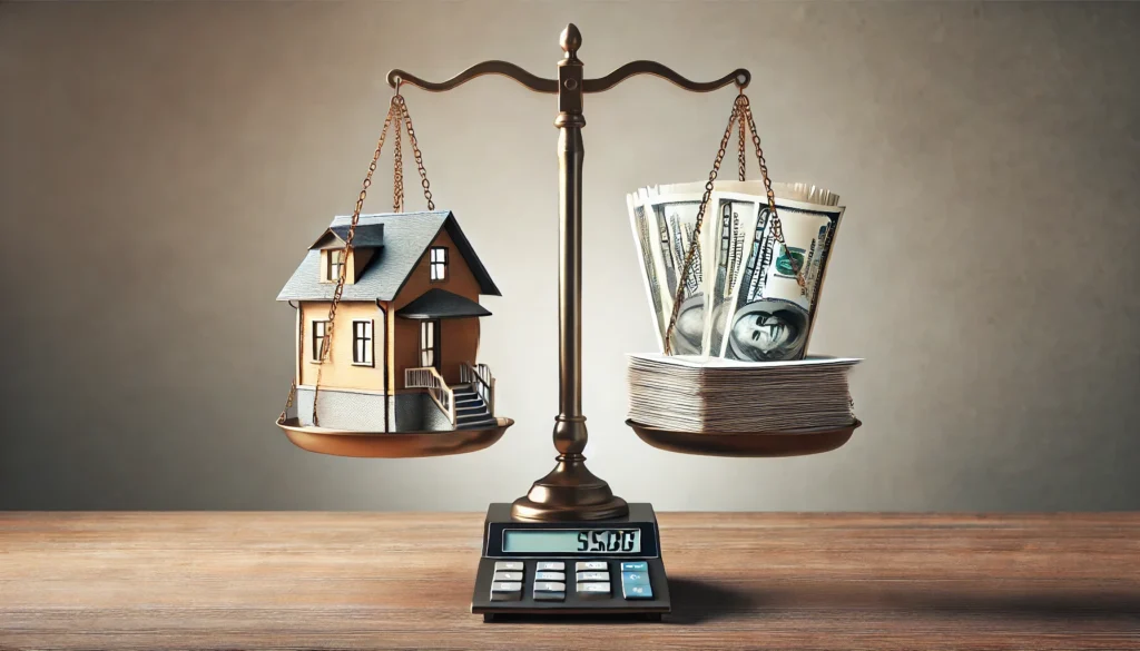 A scale with a house on one side and a stack of financial documents on the other, symbolizing the comparison between mortgage consolidation and a new home loan. The background is neutral and professional, emphasizing financial choice and stability.