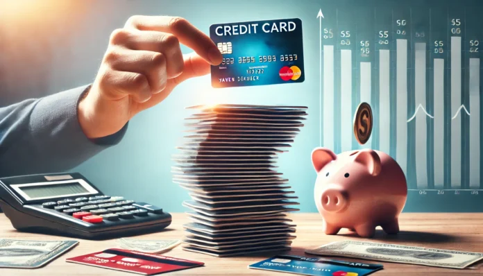 A person stacking multiple credit cards into a single organized pile, symbolizing debt consolidation. The background is bright and hopeful, emphasizing financial organization and savings.