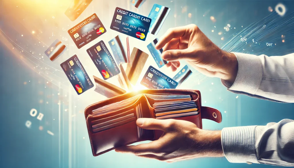 A pair of hands collecting scattered credit cards into a single wallet, symbolizing financial organization and reduced debt stress. The background is bright and reassuring, emphasizing financial control and savings.