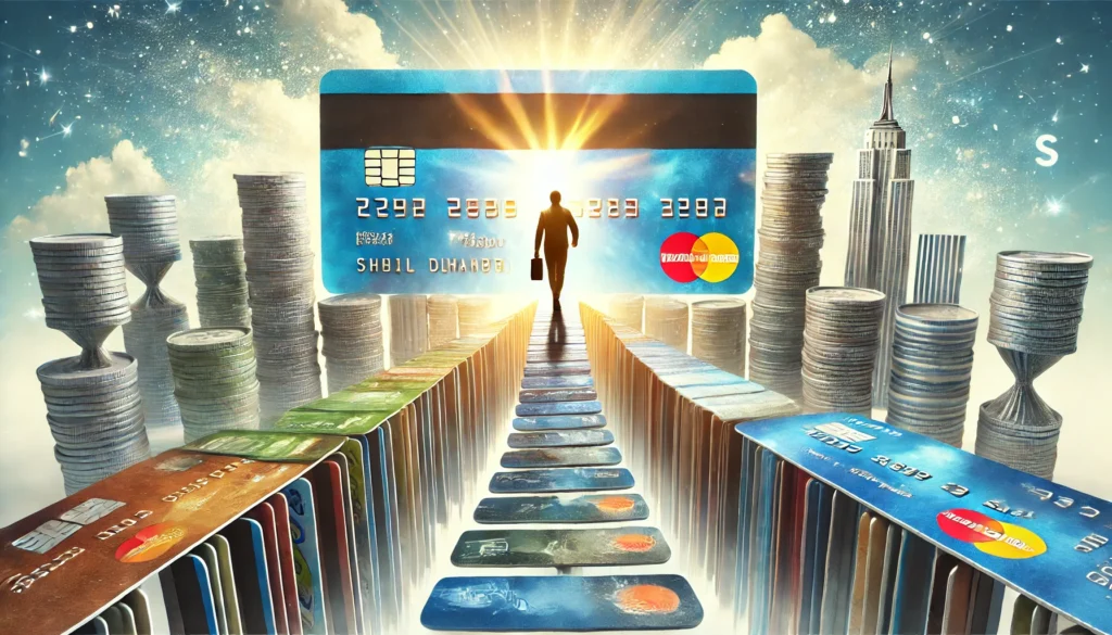 A person walking across a bridge made of stacked credit cards, moving towards a brighter financial future, symbolizing stability and savings. The background is bright and inspiring, emphasizing financial security.