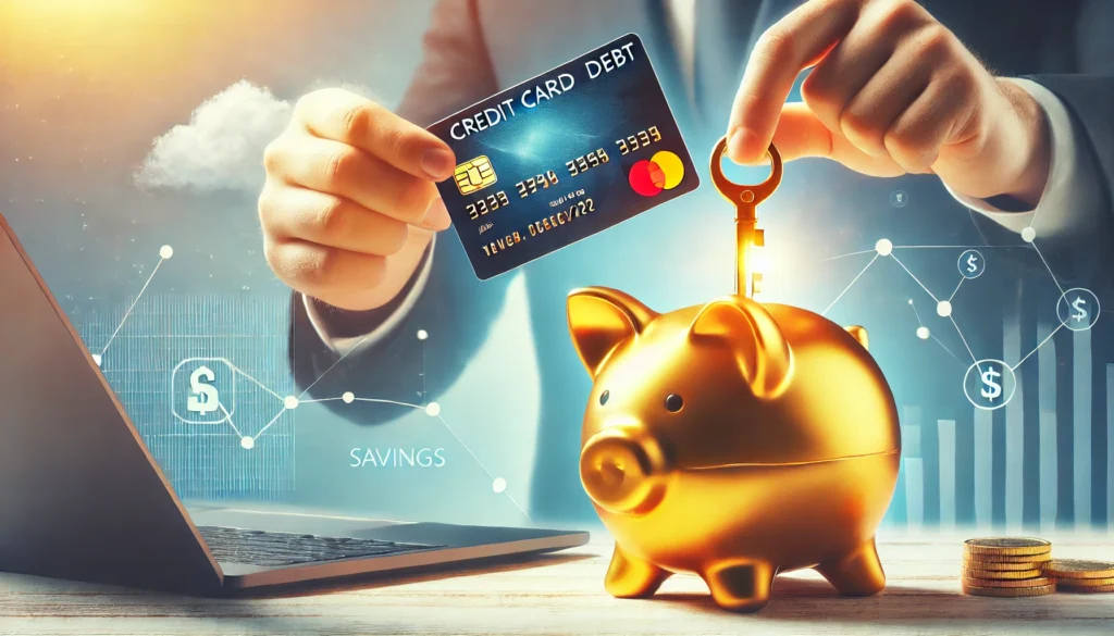 A person unlocking a golden piggy bank with a credit card, symbolizing financial recovery and savings through consolidation. The background is bright and hopeful, emphasizing financial security and relief.