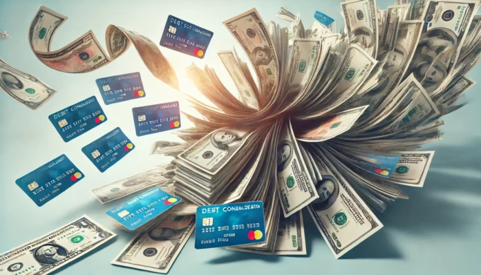 Multiple scattered bills and credit cards merging into a single organized stack of money, symbolizing the simplification of financial obligations. The background is bright and calming, emphasizing financial control and stability.
