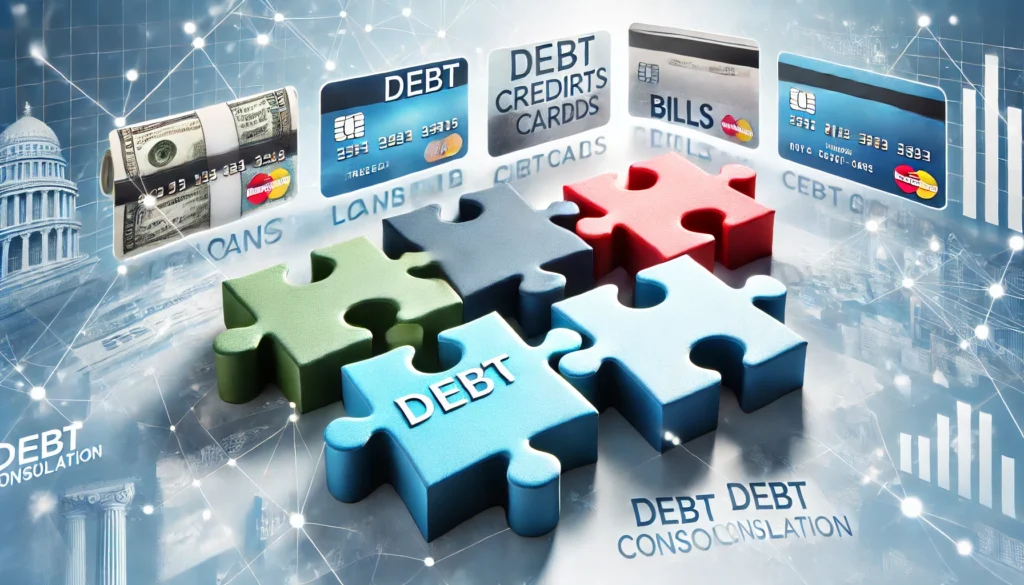 A financial puzzle being completed with different pieces representing loans, credit cards, and bills, merging into a single solution. The background is bright and structured, emphasizing financial organization and clarity.