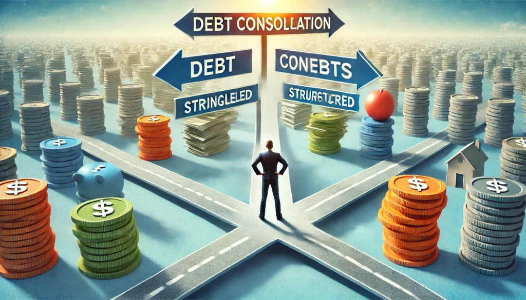 A person standing at a financial crossroad, choosing a single structured pathway over multiple confusing paths, symbolizing the process of combining debts into one manageable payment. The background is bright and hopeful, emphasizing financial clarity.