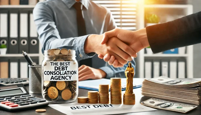 A professional financial advisor shaking hands with a relieved client over a desk filled with organized financial documents and coins, symbolizing trust and expert financial solutions. The background is bright and professional, emphasizing reliability and support.