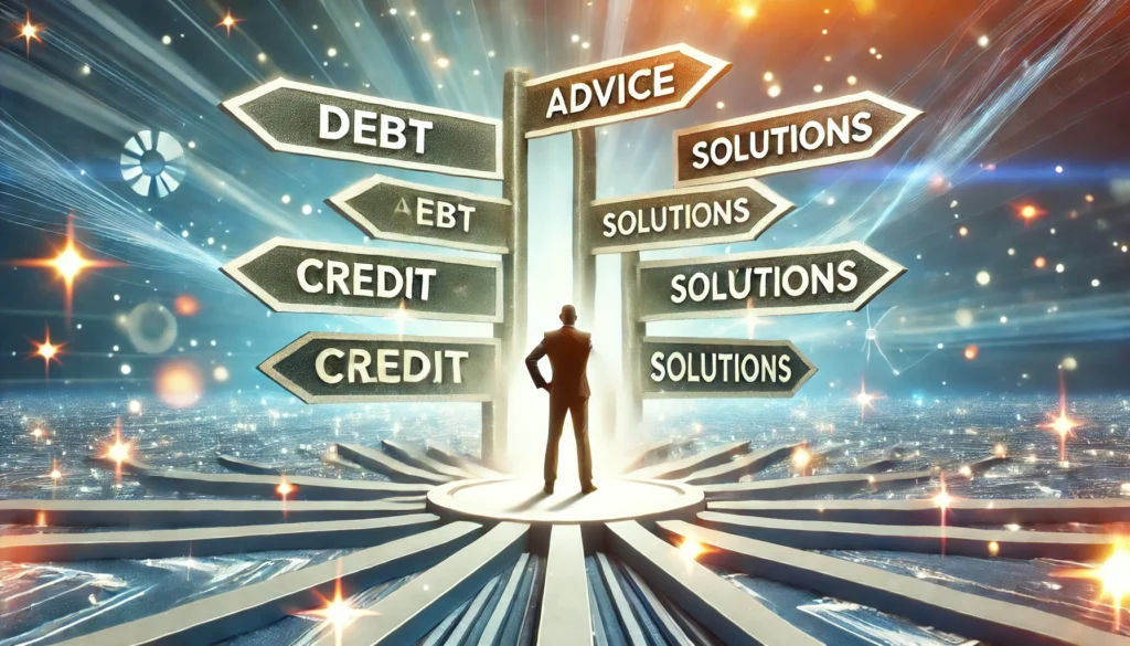 A person standing in front of multiple pathways, each leading to different financial solutions, symbolizing choice and expert guidance. The background is bright and inspiring, emphasizing financial clarity and decision-making.