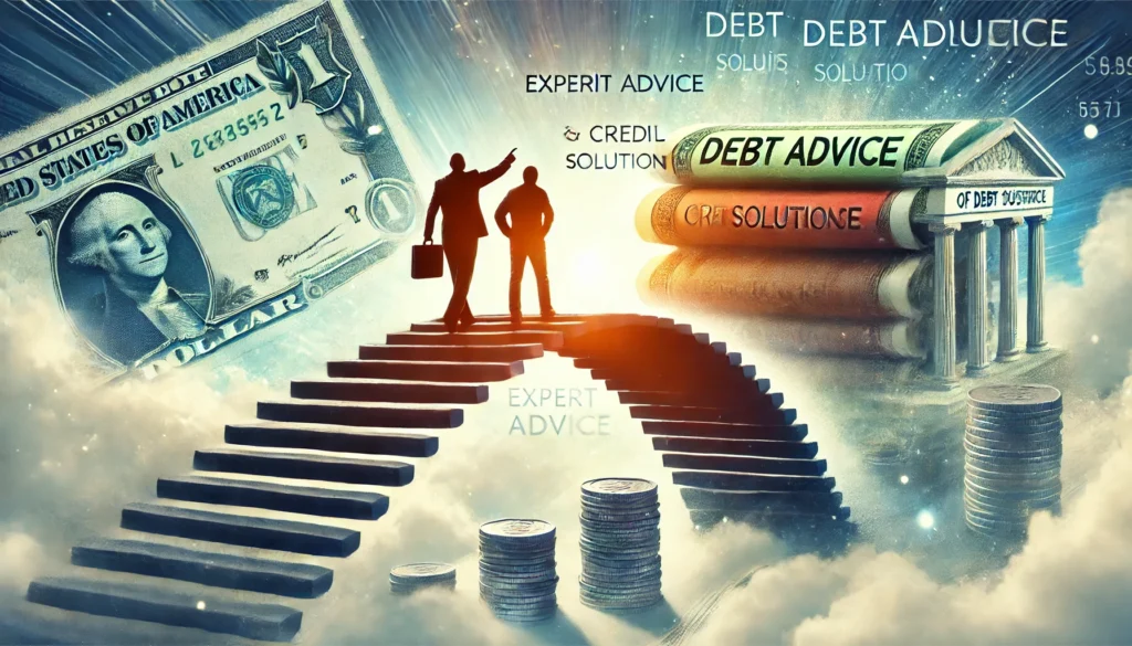 A person crossing a financial bridge with guidance from a mentor, symbolizing expert advice leading to financial stability. The background is bright and uplifting, emphasizing support and financial progress.