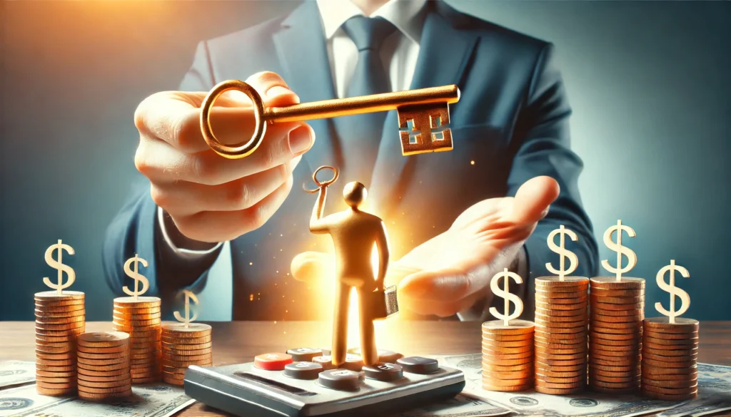 A person receiving a golden key from a trusted financial expert, unlocking a secure financial future, symbolizing expert credit guidance and solutions. The background is bright and reassuring, emphasizing financial empowerment.