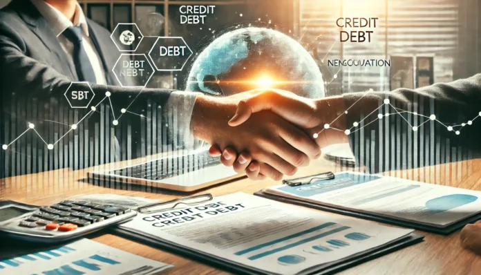 A financial advisor and a client shaking hands over a desk filled with financial documents, symbolizing successful negotiation and debt resolution. The background is bright and professional, emphasizing trust and financial stability.