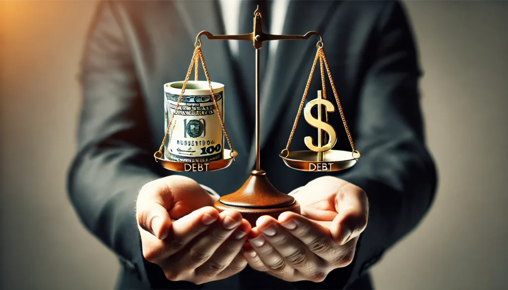 Two hands holding a balanced scale with money on one side and debt on the other, symbolizing financial fairness and resolution. The background is neutral and professional, emphasizing financial balance and successful negotiation.