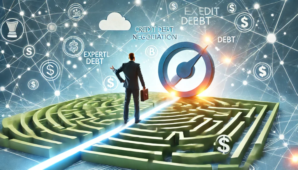A person navigating through a financial maze with guidance from a professional, symbolizing expert help in settling debt. The background is bright and reassuring, emphasizing financial direction and relief.