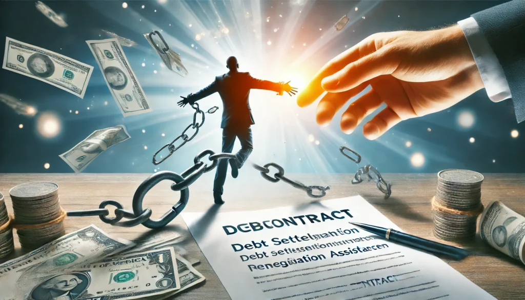 A person breaking free from financial chains while a helping hand offers a contract, symbolizing debt settlement and negotiation assistance. The background is bright and hopeful, emphasizing financial relief and success.