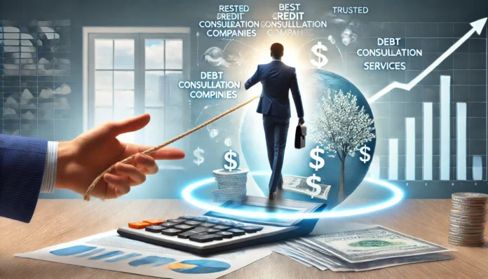 A professional financial expert guiding a client towards financial stability, symbolizing trusted debt consolidation services. The background is bright and professional, emphasizing reliability and financial security.