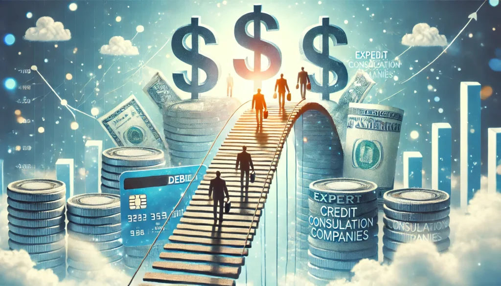 A strong financial bridge connecting people struggling with debt to a secure future, symbolizing expert credit consolidation services. The background is bright and reassuring, emphasizing financial success and stability.