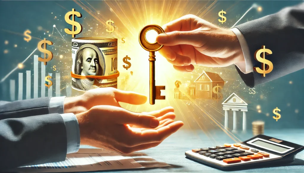 A professional advisor handing a golden key to a client, unlocking a secure financial future, symbolizing expert debt consolidation services. The background is bright and optimistic, emphasizing financial relief and trust.