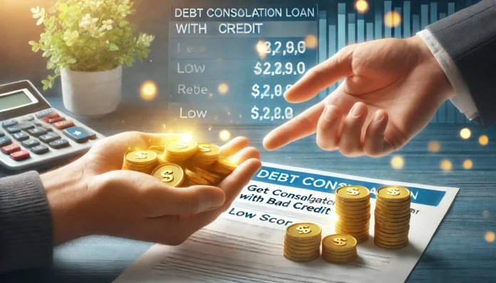 A person receiving financial assistance in the form of a helping hand offering golden coins, despite a credit report showing low scores in the background. The atmosphere is bright and reassuring, symbolizing hope and financial recovery.