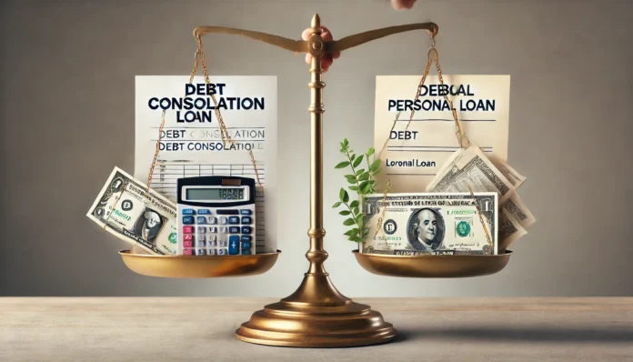 A scale with two sides: one holding documents and bills symbolizing debt consolidation, and the other holding a single loan agreement representing a personal loan. The background is neutral and professional, emphasizing financial comparison and decision-making.