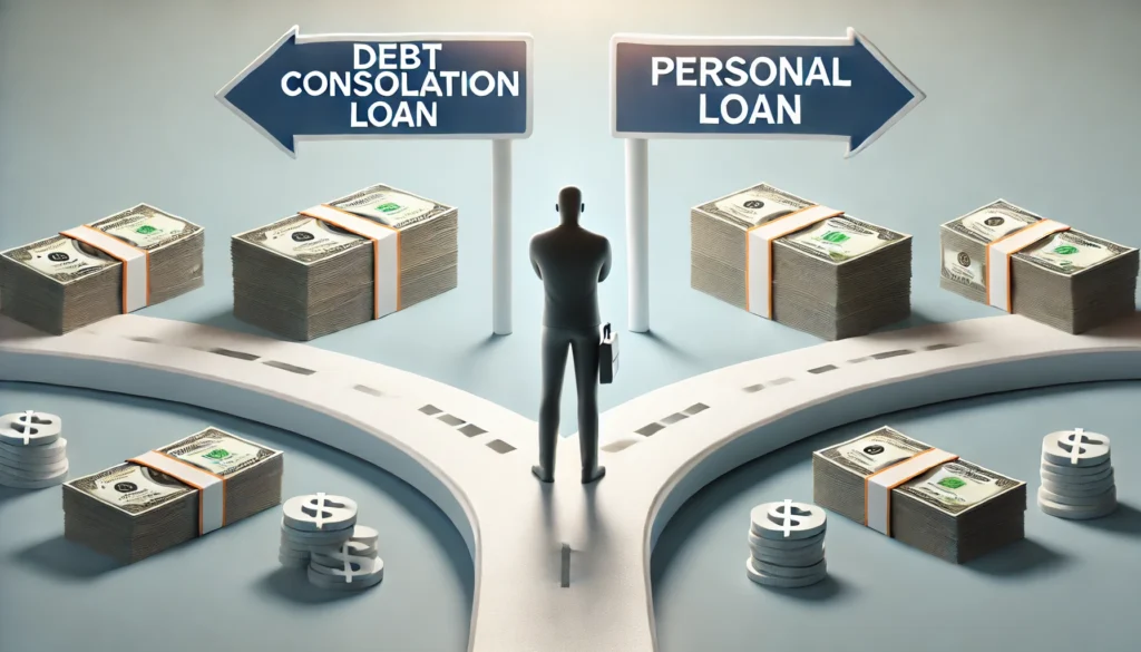 A person standing at a financial crossroads with two paths: one leading to a structured path with organized debt payments and the other leading to a single straightforward loan solution. The background is bright and neutral, emphasizing financial choices.