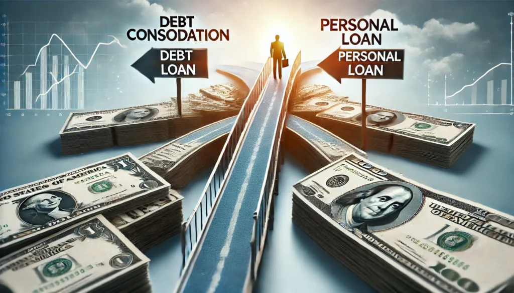 A financial bridge splitting into two paths: one leading to multiple loans merging into one structured payment, and the other leading to a single independent loan. The background is bright and professional, symbolizing financial planning and choice.