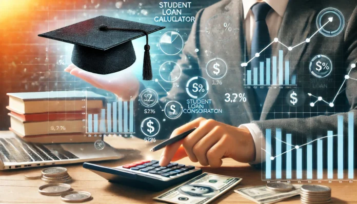 A person using a calculator with financial charts and graduation caps in the background, symbolizing calculating repayment options for student loans. The atmosphere is bright and professional, emphasizing financial planning and education.