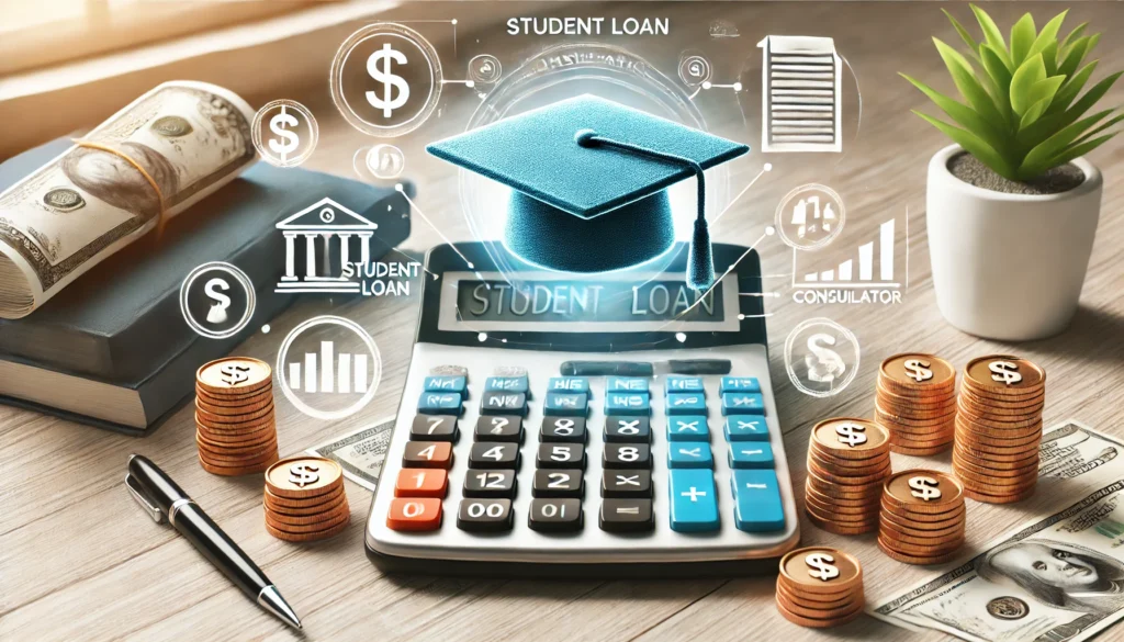 A calculator with financial icons such as student loan documents, coins, and a graduation cap displayed on its screen, symbolizing loan calculation. The background is bright and organized, emphasizing financial planning and education.