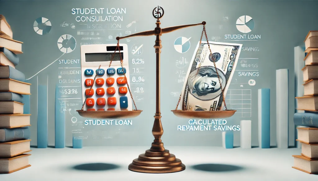 A scale balancing student loan papers on one side and calculated repayment savings on the other, symbolizing financial optimization. The background is bright and neutral, emphasizing clarity in student loan management.
