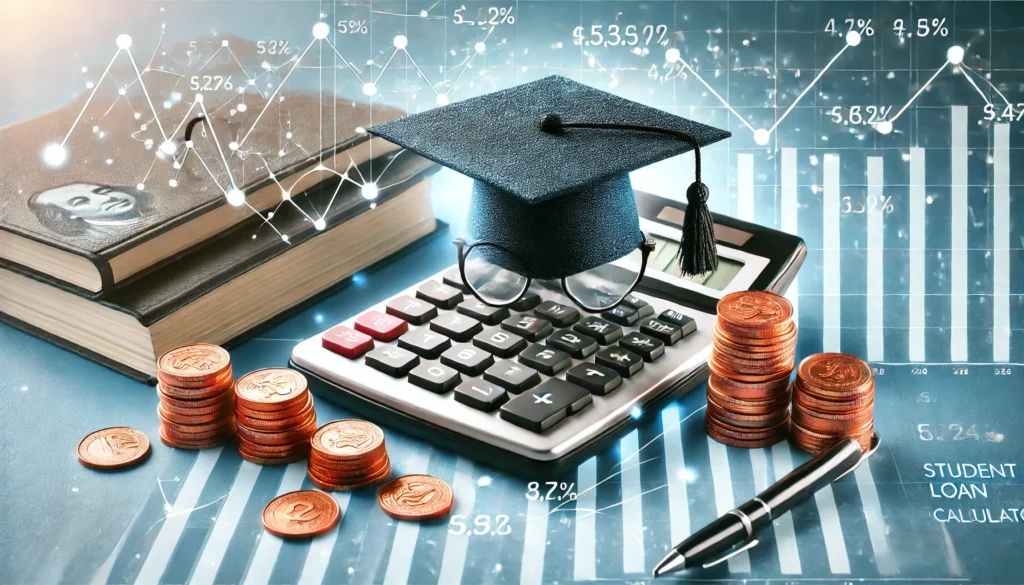A graduation cap sitting on a calculator surrounded by financial graphs and coins, symbolizing student loan repayment calculations. The background is bright and structured, emphasizing financial planning and education.