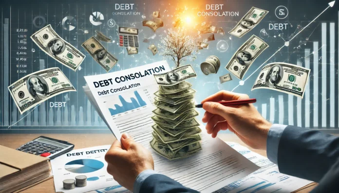 A person reviewing financial documents while multiple scattered debts merge into a single organized pile of money, symbolizing debt simplification. The background is bright and structured, emphasizing financial clarity and relief.