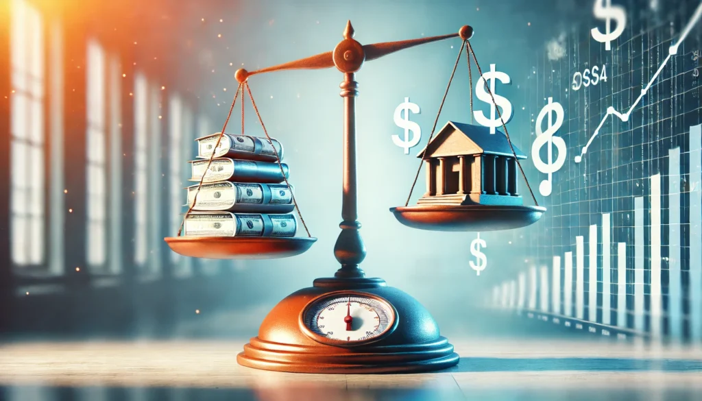 A balanced scale with multiple loans on one side and a single consolidated payment on the other, symbolizing financial balance and structured repayment. The background is bright and professional, emphasizing financial stability.